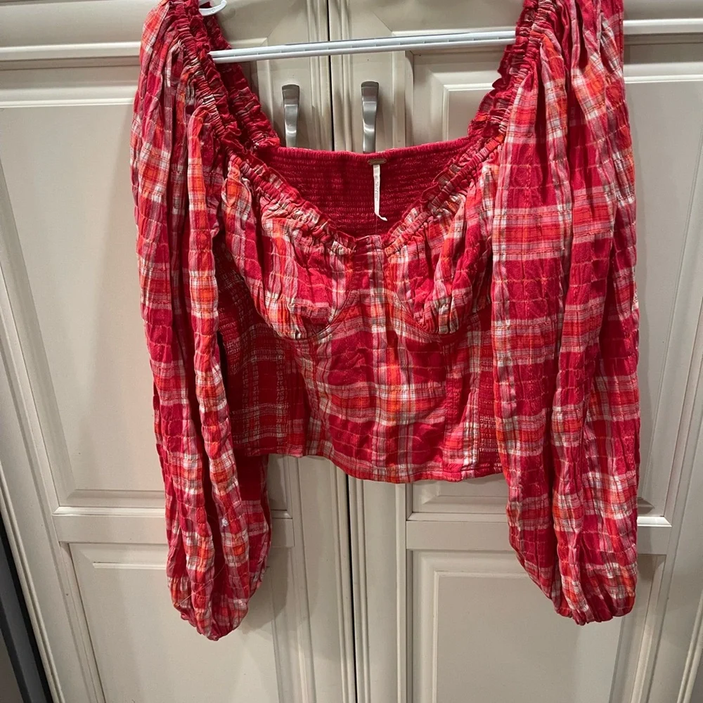 FREE PEOPLE Orange Plaid Top Womens Stretch  Large BOHO Western NEW - Picture 7 of 7